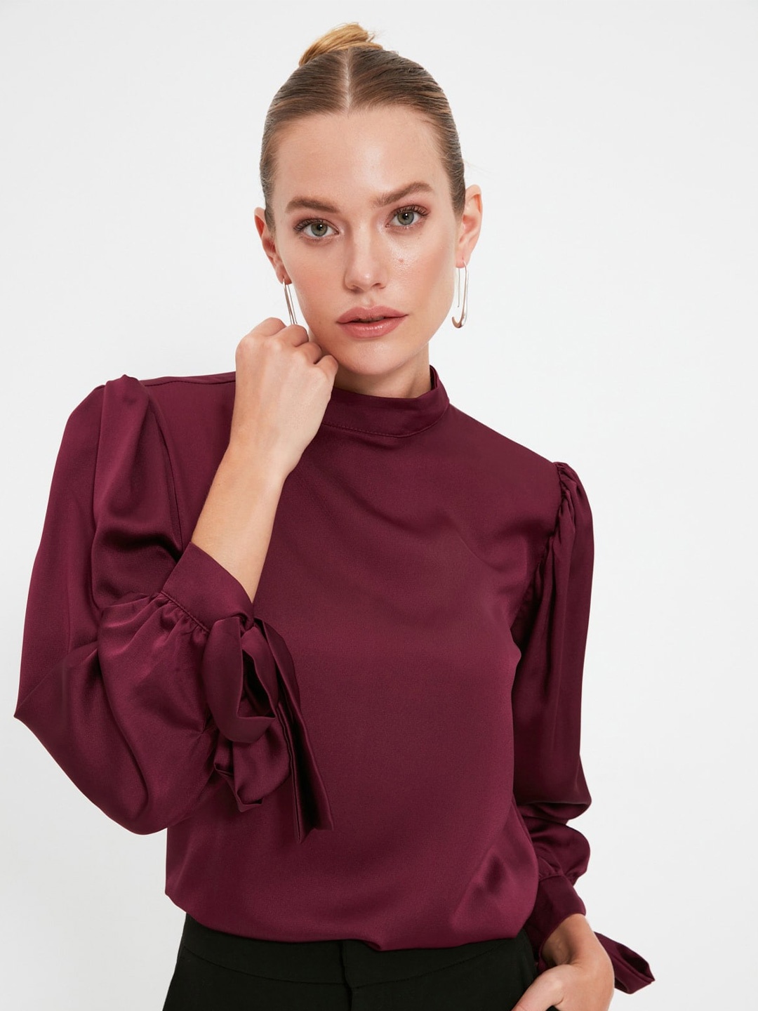 

Trendyol High Neck Puff Sleeve Regular Top, Purple