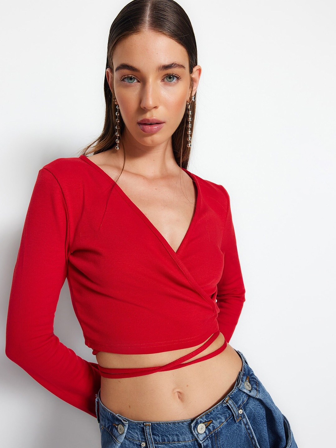 

Trendyol V-Neck Wrap Crop Top, Red