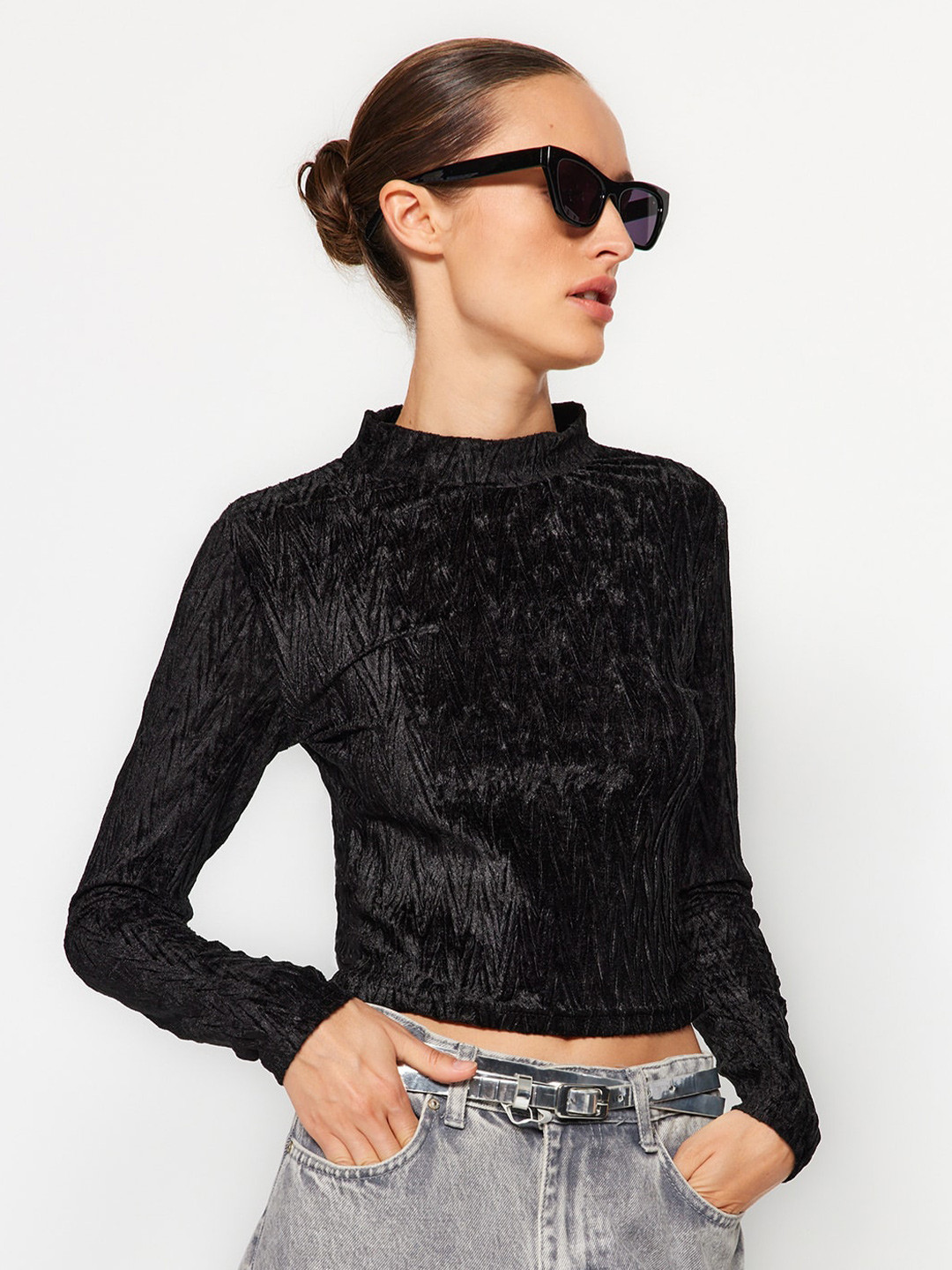 

Trendyol Self Design High Neck Crop Top, Black