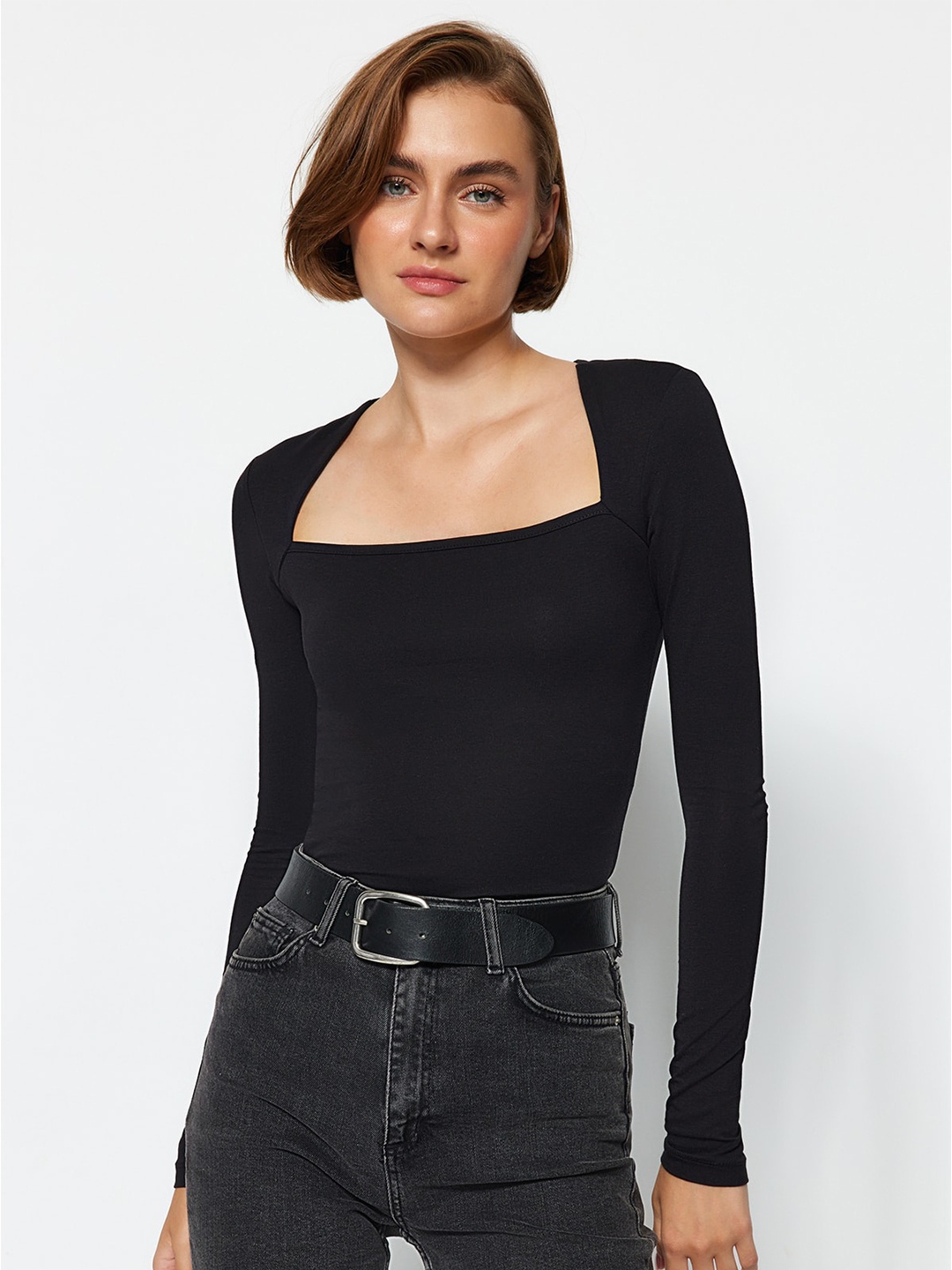 

Trendyol Square Neck Cotton Fitted Top, Black