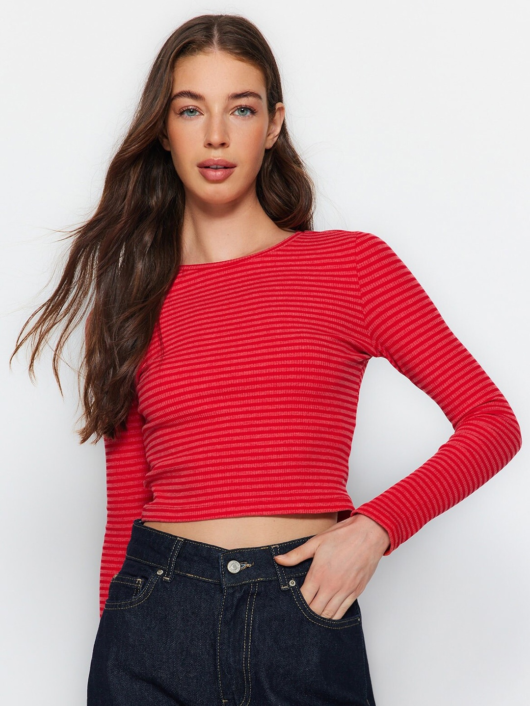 

Trendyol Striped Round Neck Cotton Regular Crop Top, Red