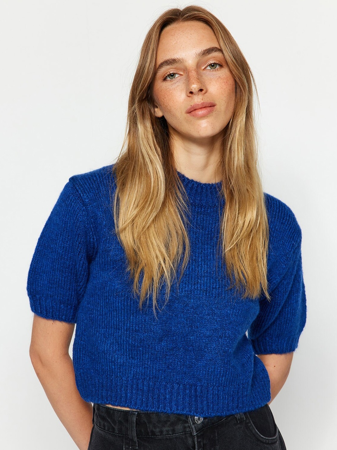 

Trendyol Round Neck Regular Crop Pullover Sweaters, Blue