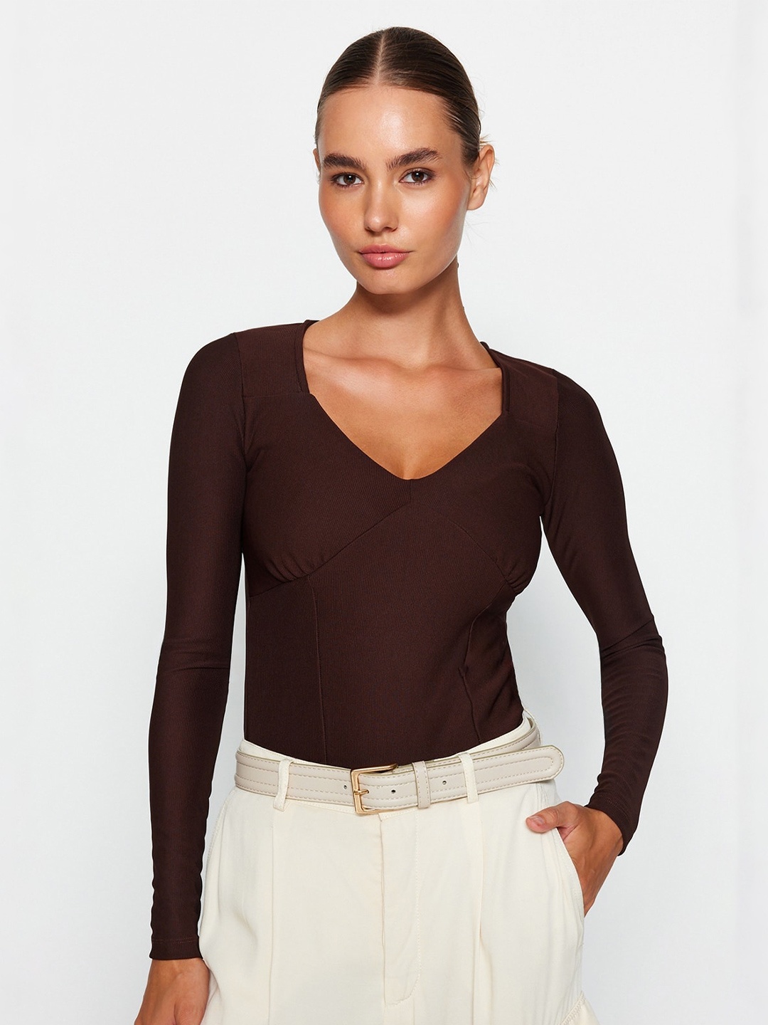 

Trendyol V-Neck Long Sleeves Regular Top, Brown