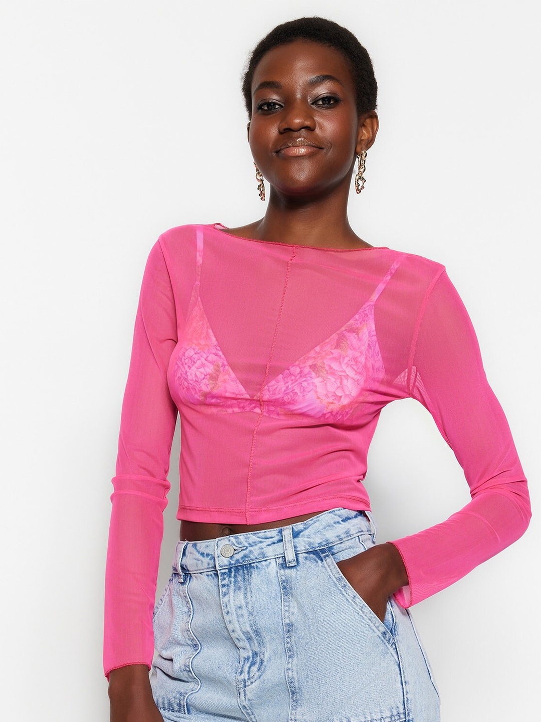 

Trendyol Long Sleeves Semi-Sheer Crop Top, Pink