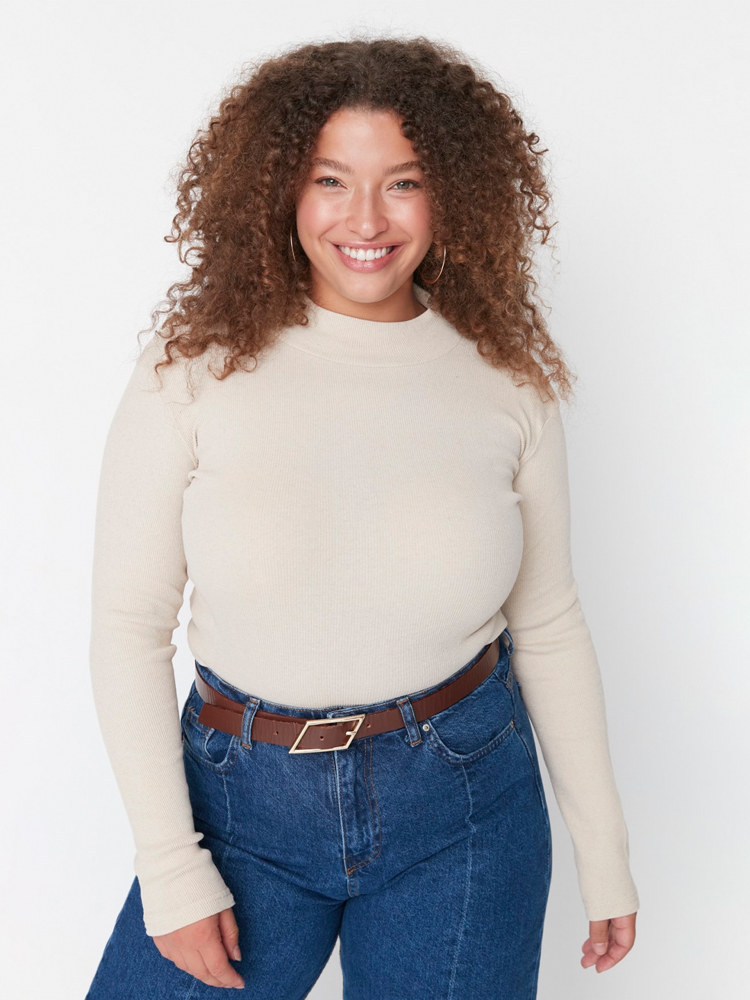 

Trendyol Plus Size Round Neck Fitted Top, Beige