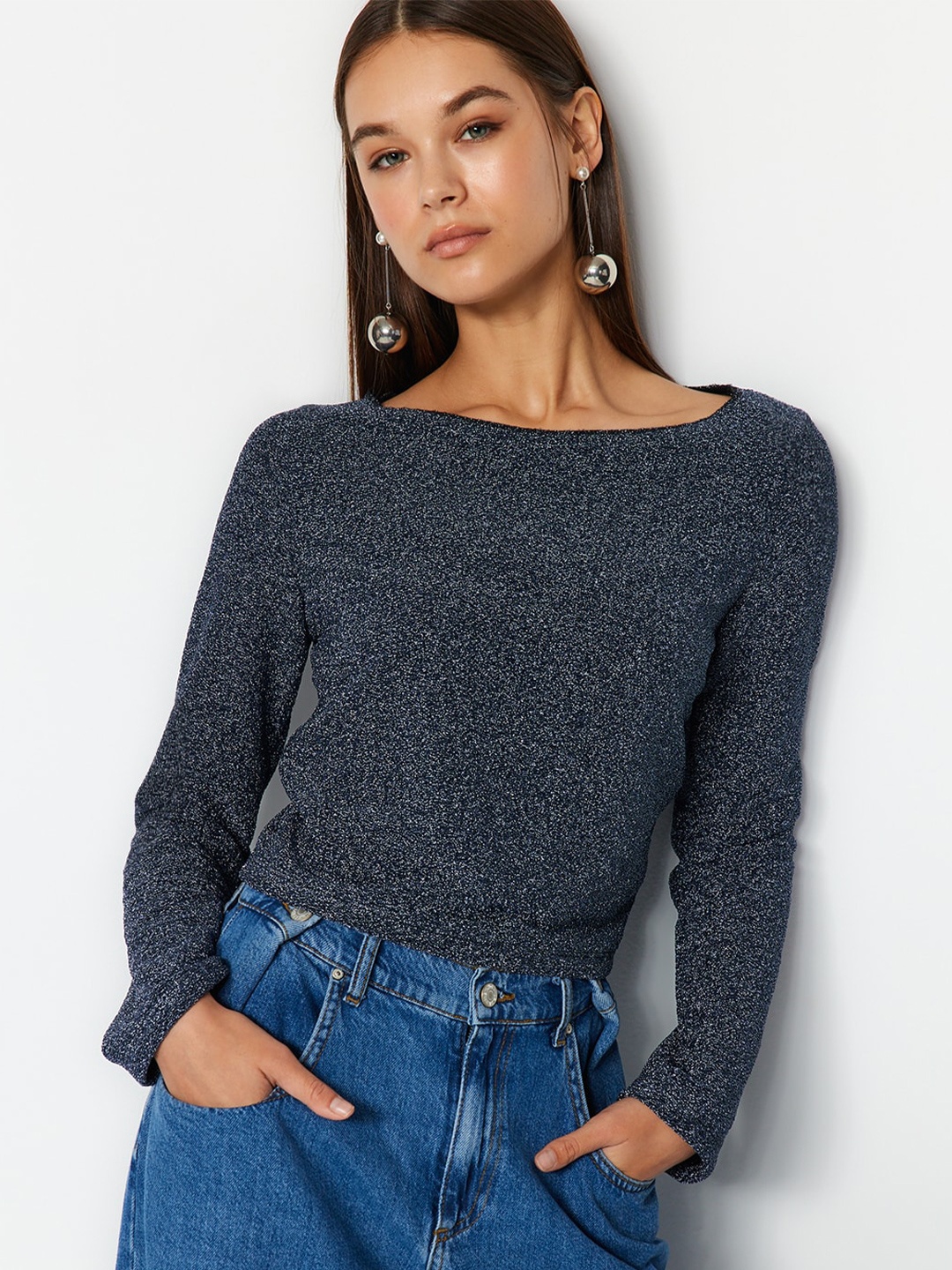 

Trendyol Abstract Printed Round Neck Top, Grey