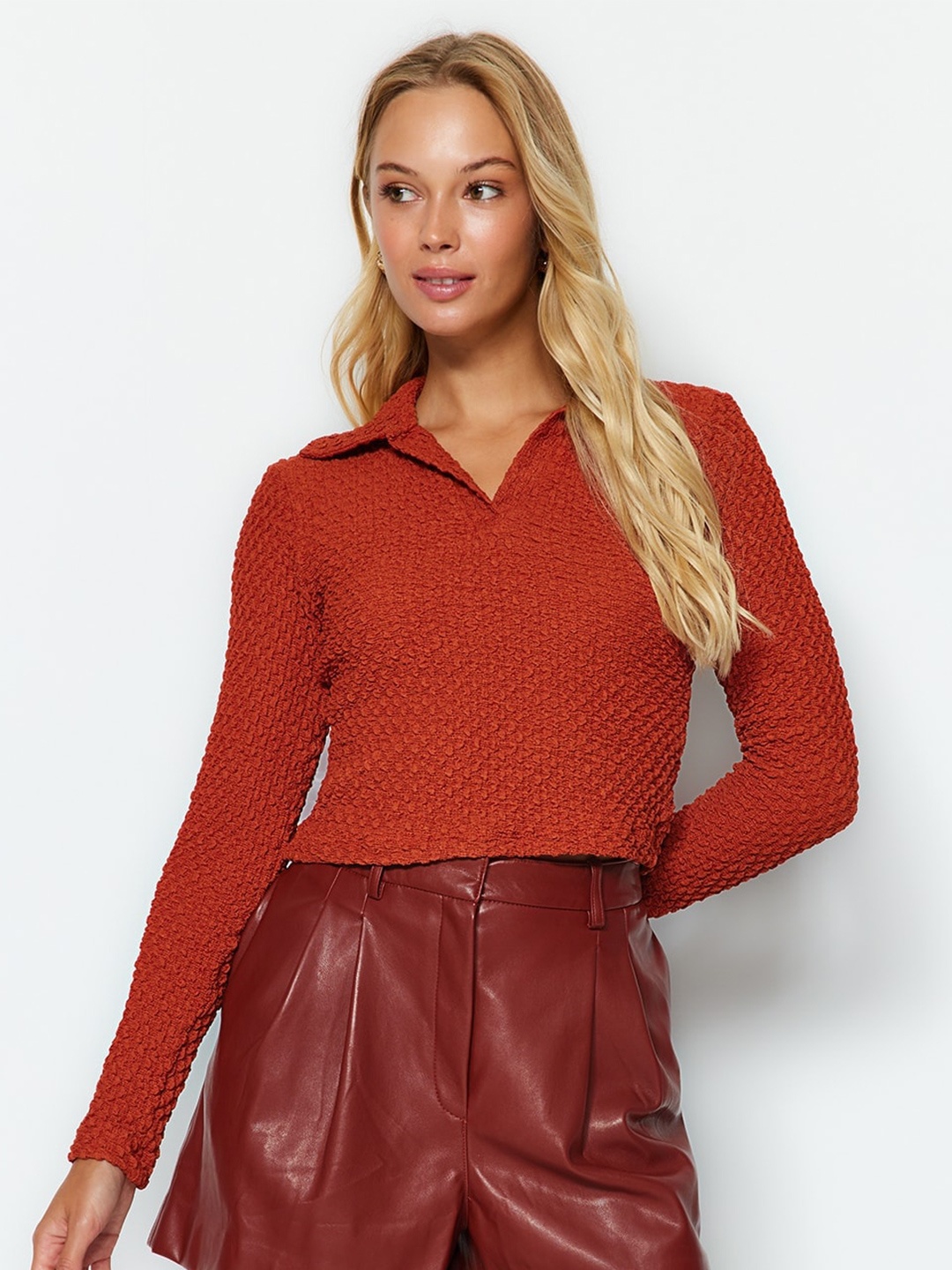 

Trendyol Self Design Shirt Collar Regular Top, Na