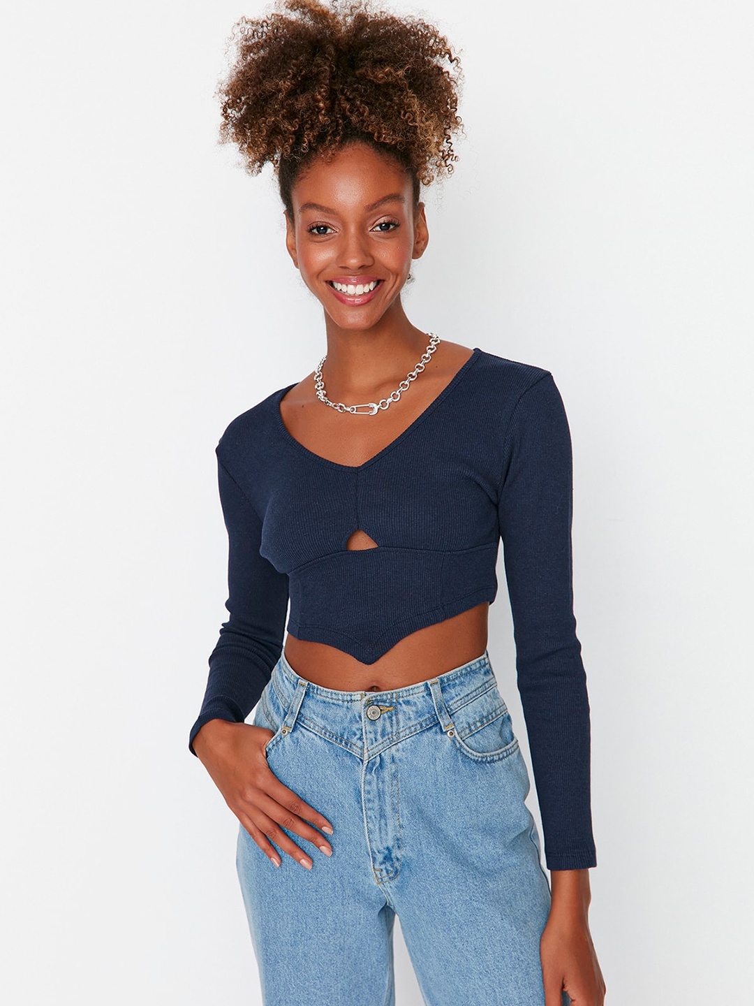 

Trendyol Long Sleeves Cut-Out Cotton Crop Top, Teal