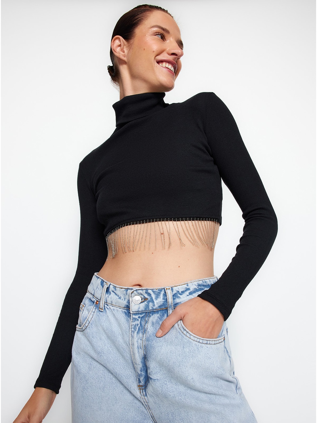 

Trendyol High Neck Long Sleeve Fringed Crop Top, Black