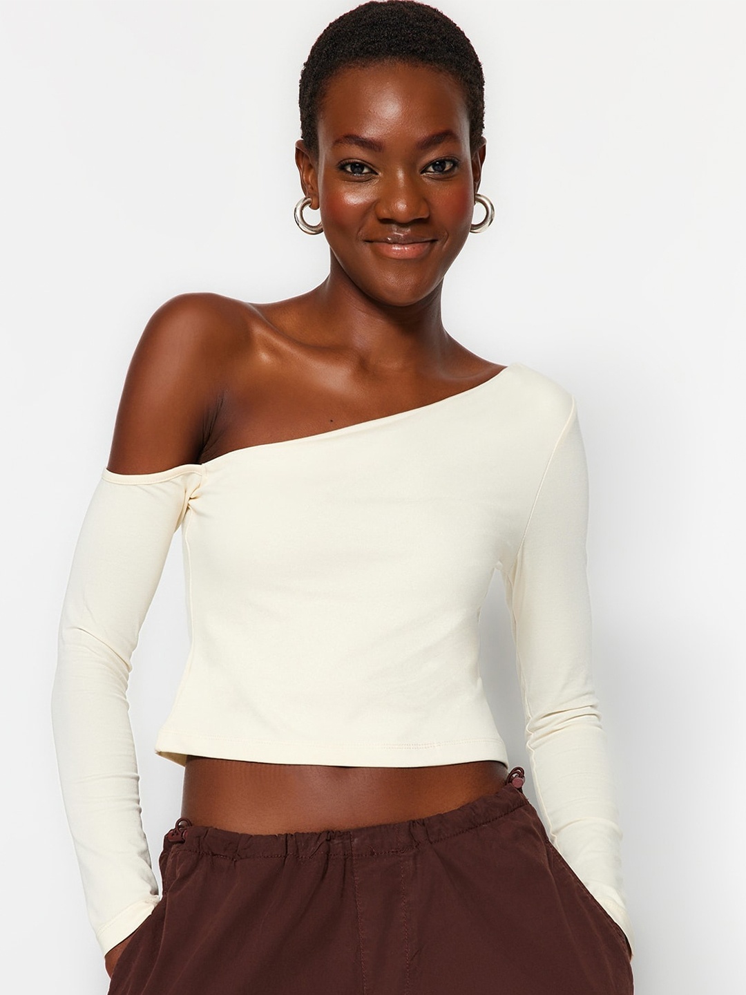 

Trendyol One Shoulder Cotton Crop Top, Beige