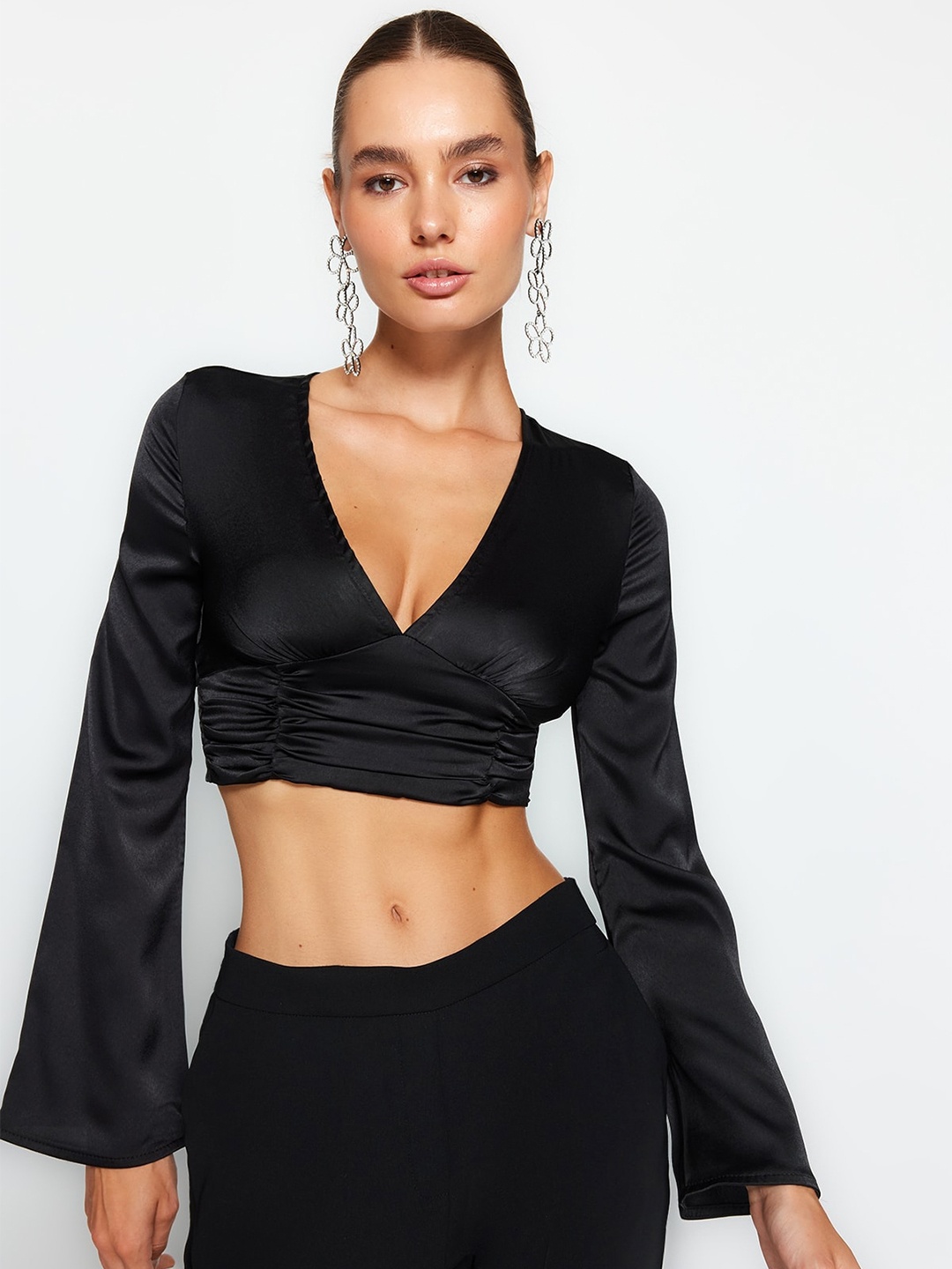 

Trendyol Scoop Neck Flared Sleeve Gathered Crop Top, Black