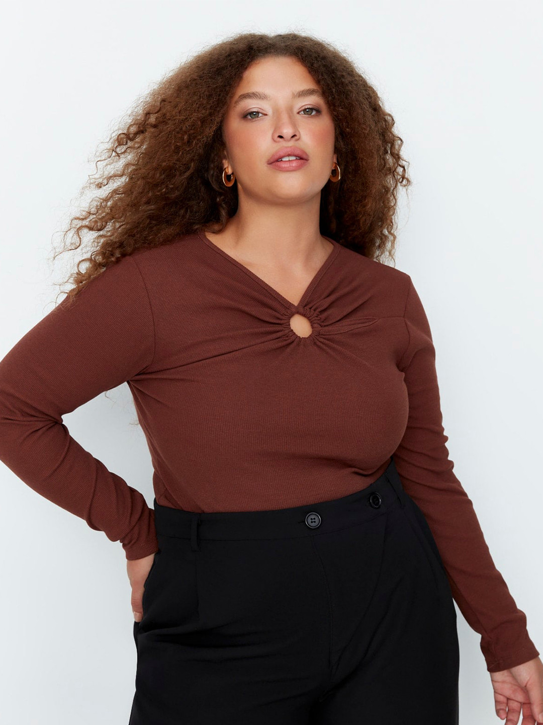 

Trendyol Plus Size V-Neck Gathered Detail Fitted Top, Brown