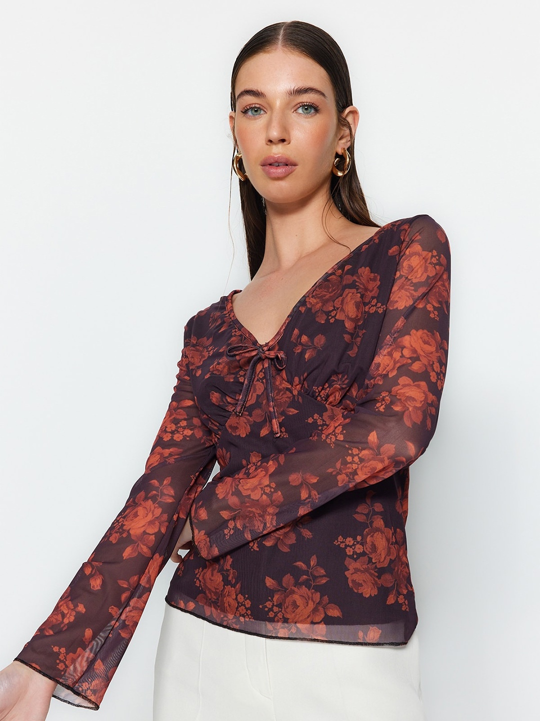 

Trendyol Floral Printed Bell Sleeve Top, Brown