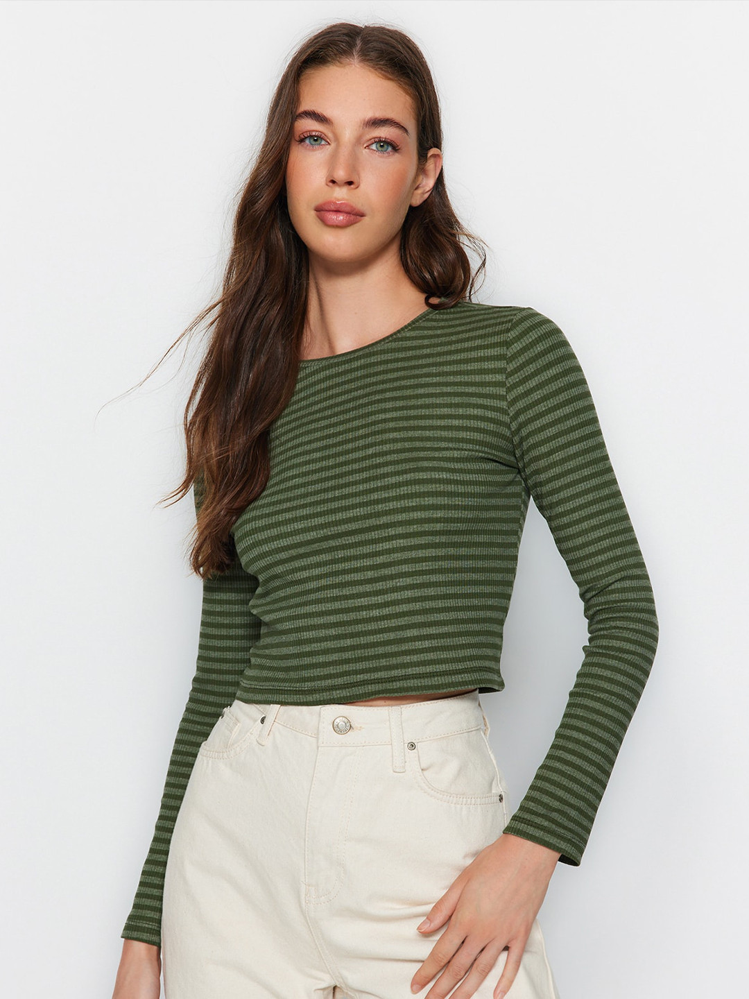 

Trendyol Striped Printed Round Neck Long Sleeve Top, Green
