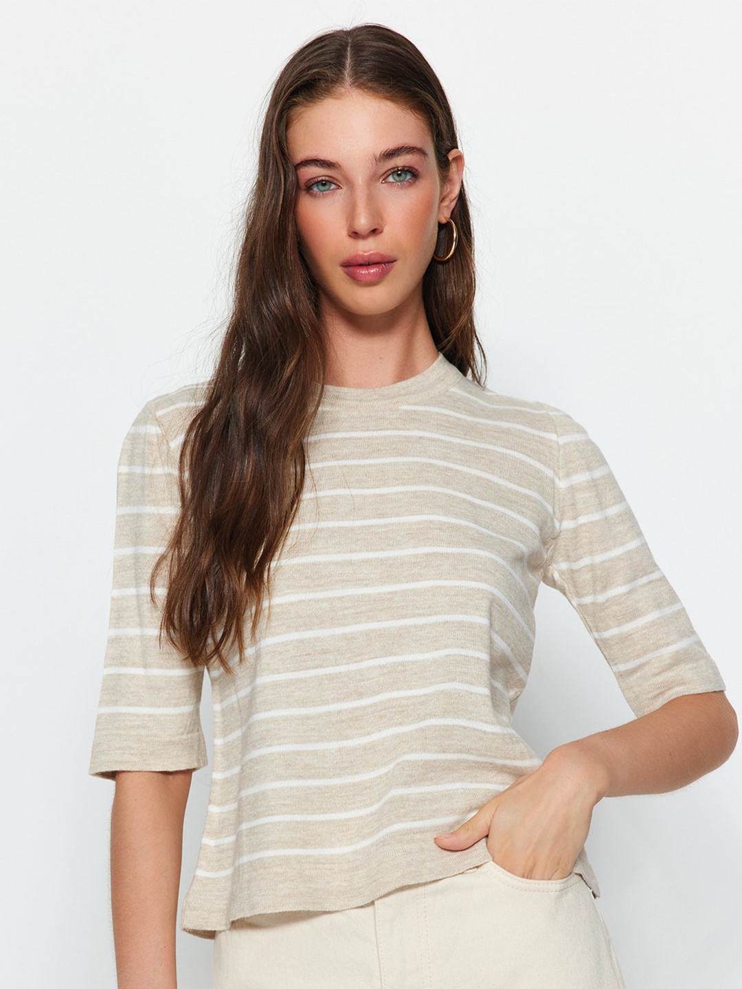 

Trendyol Striped Round Neck Acrylic Top, Beige