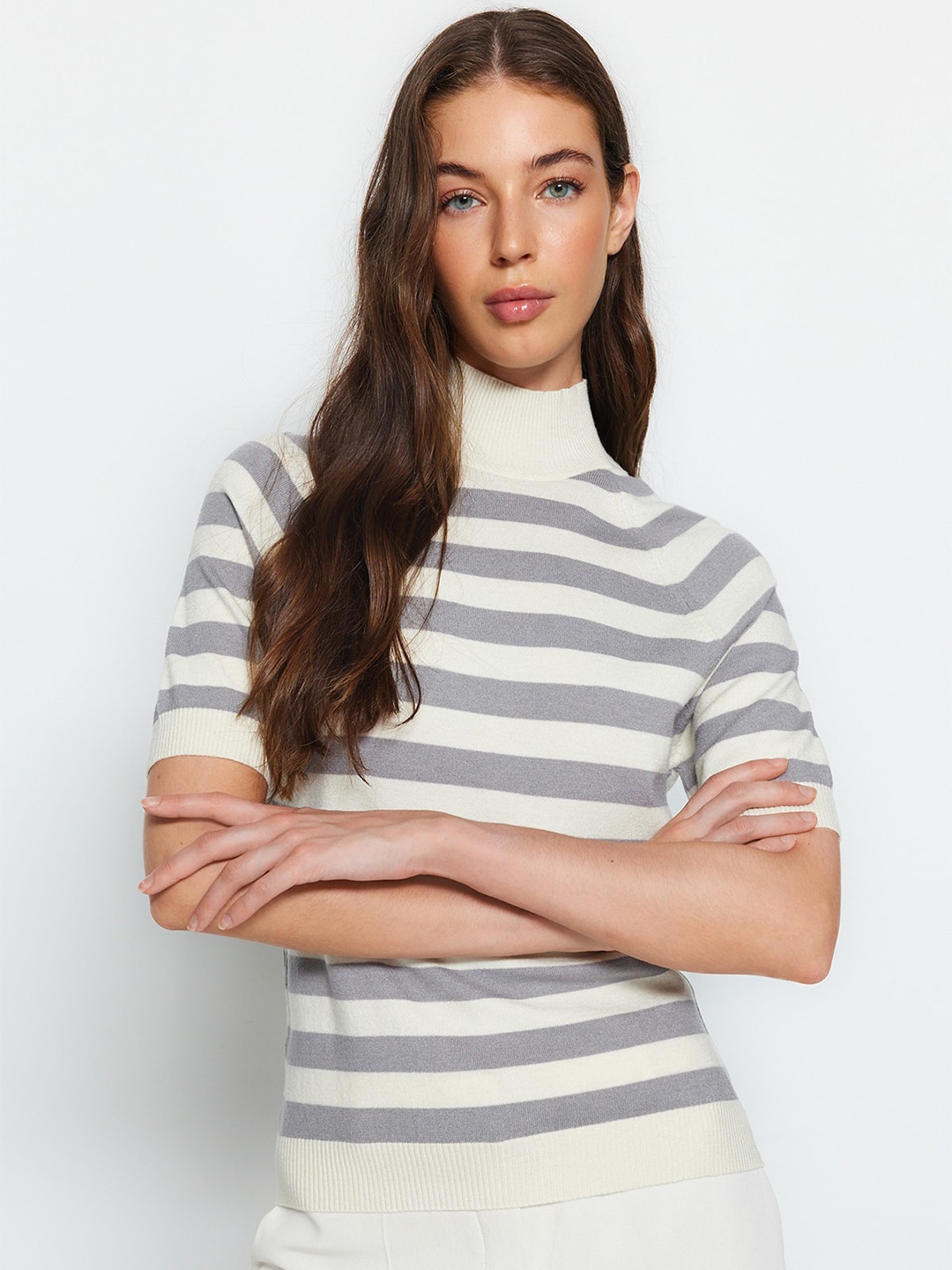 

Trendyol Striped High Neck Short Sleeves T-shirt, Beige
