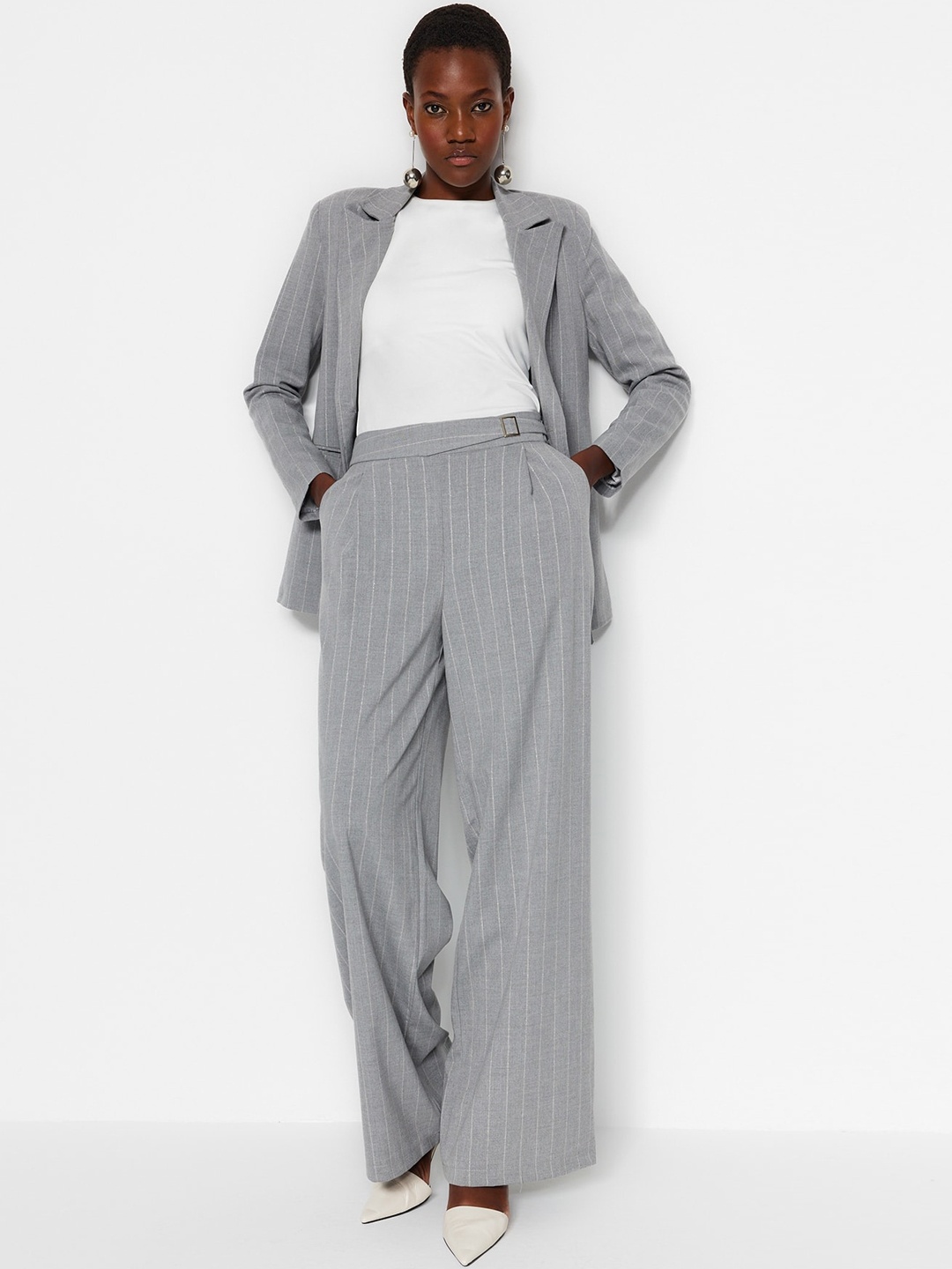 

Trendyol Women Regular Fit Striped Mid-Rise Parallel Trousers, Grey