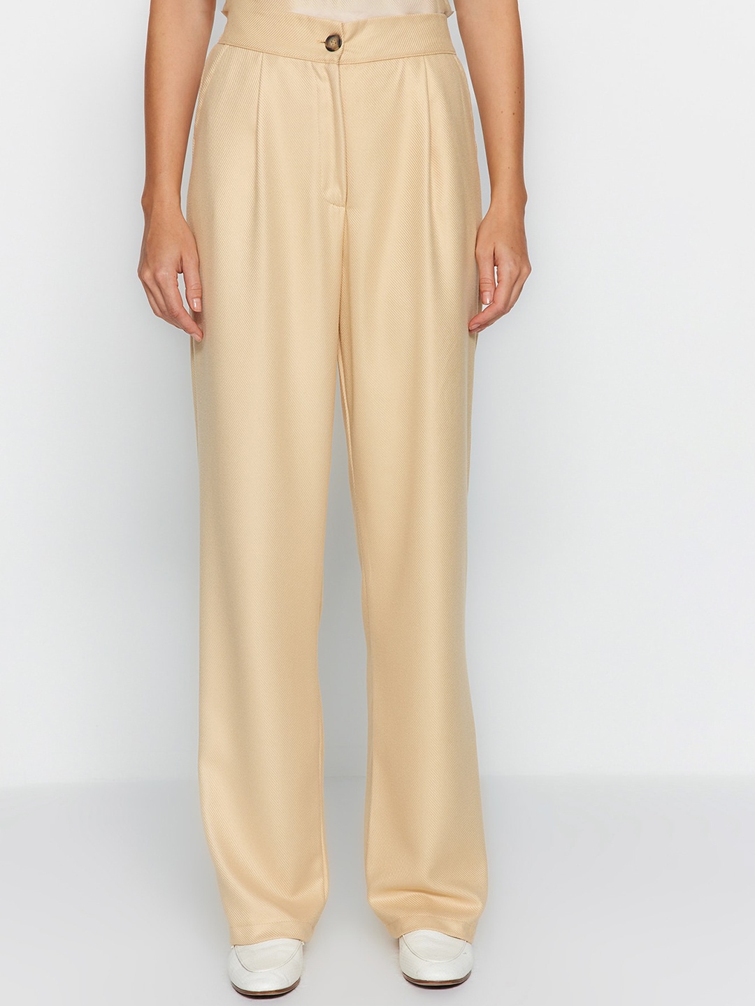 

Trendyol Women Regular Fit High-Rise Pleated Parallel Trousers, Beige