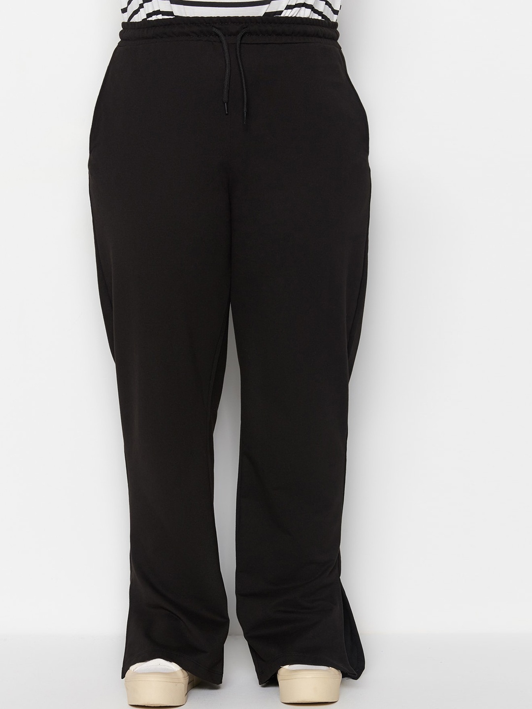 

Trendyol Women Plus Size Mid Rise Plain Cotton Parallel Trousers, Black
