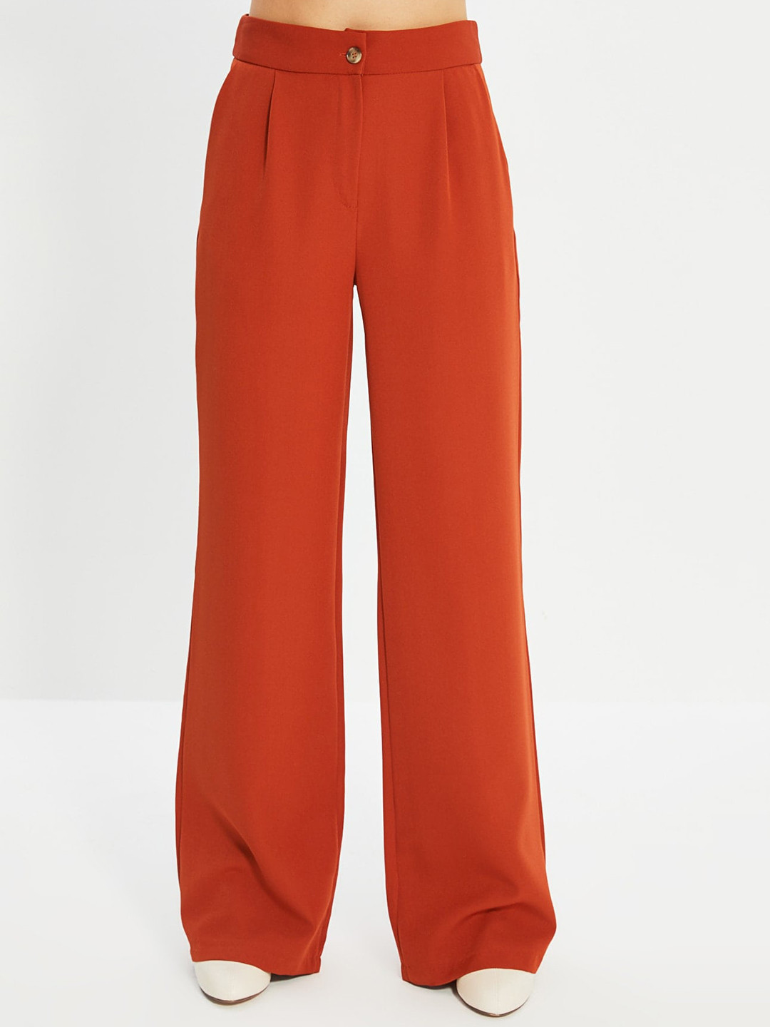 

Trendyol Women Mid Rise Plain Pleated Parallel Trousers, Orange