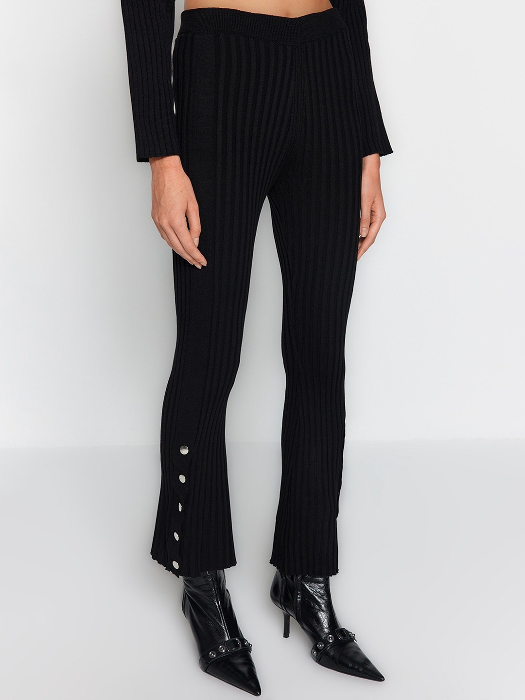 

Trendyol Women Striped Slim Fit Mid Rise Acrylic Regular Trousers, Black