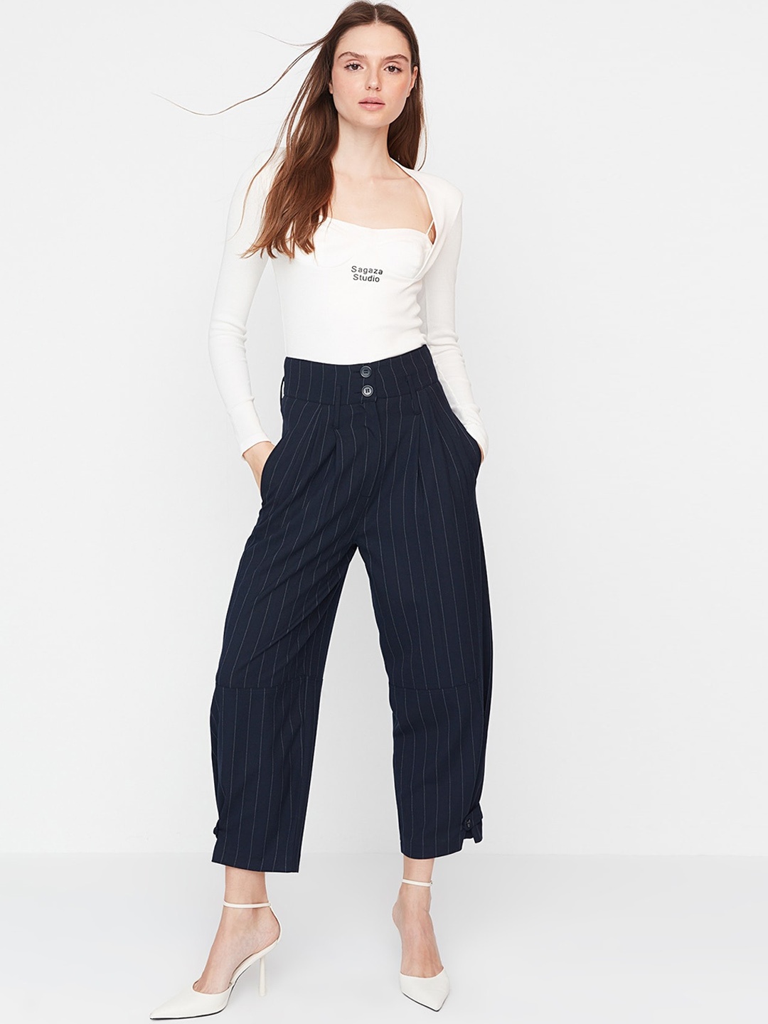 

Trendyol Women Striped Mid Rise Pleated Plain Regular Trousers, Navy blue