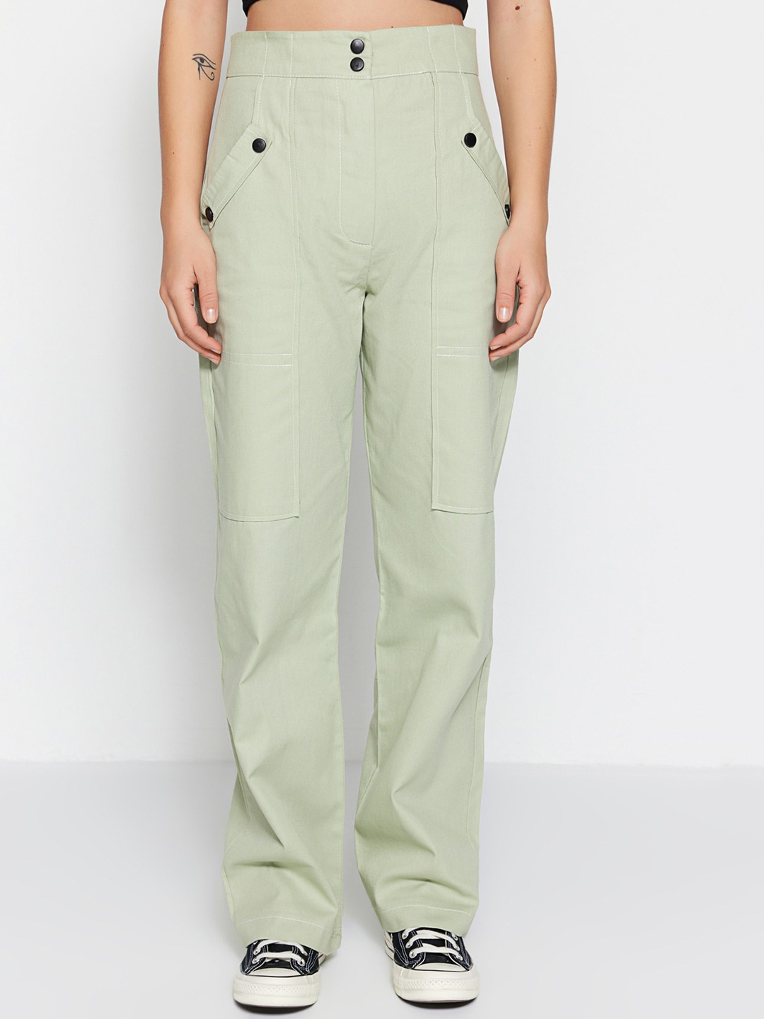 

Trendyol Women High Rise Plain Cotton Cargos Trousers, Green