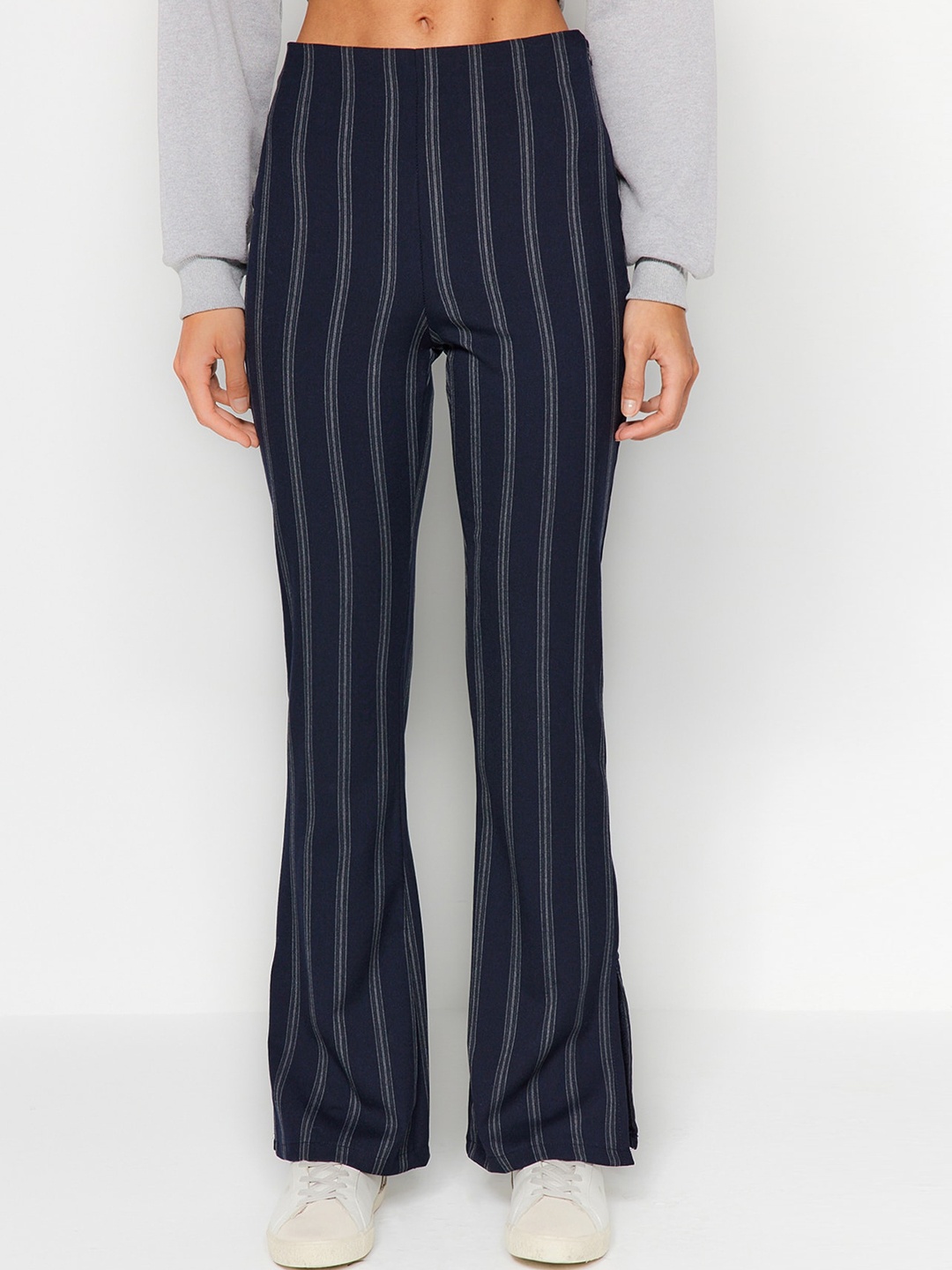 

Trendyol Women Striped Mid Rise Bootcut Trousers, Navy blue