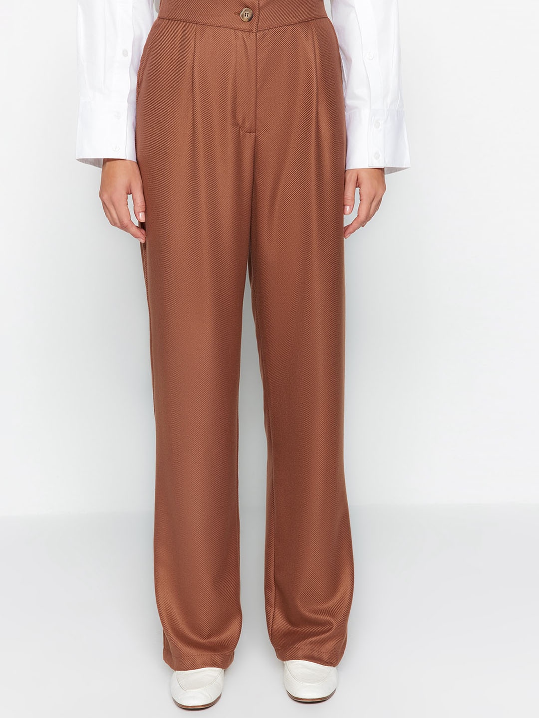 

Trendyol Women Regular Fit High-Rise Parallel Trousers, Brown