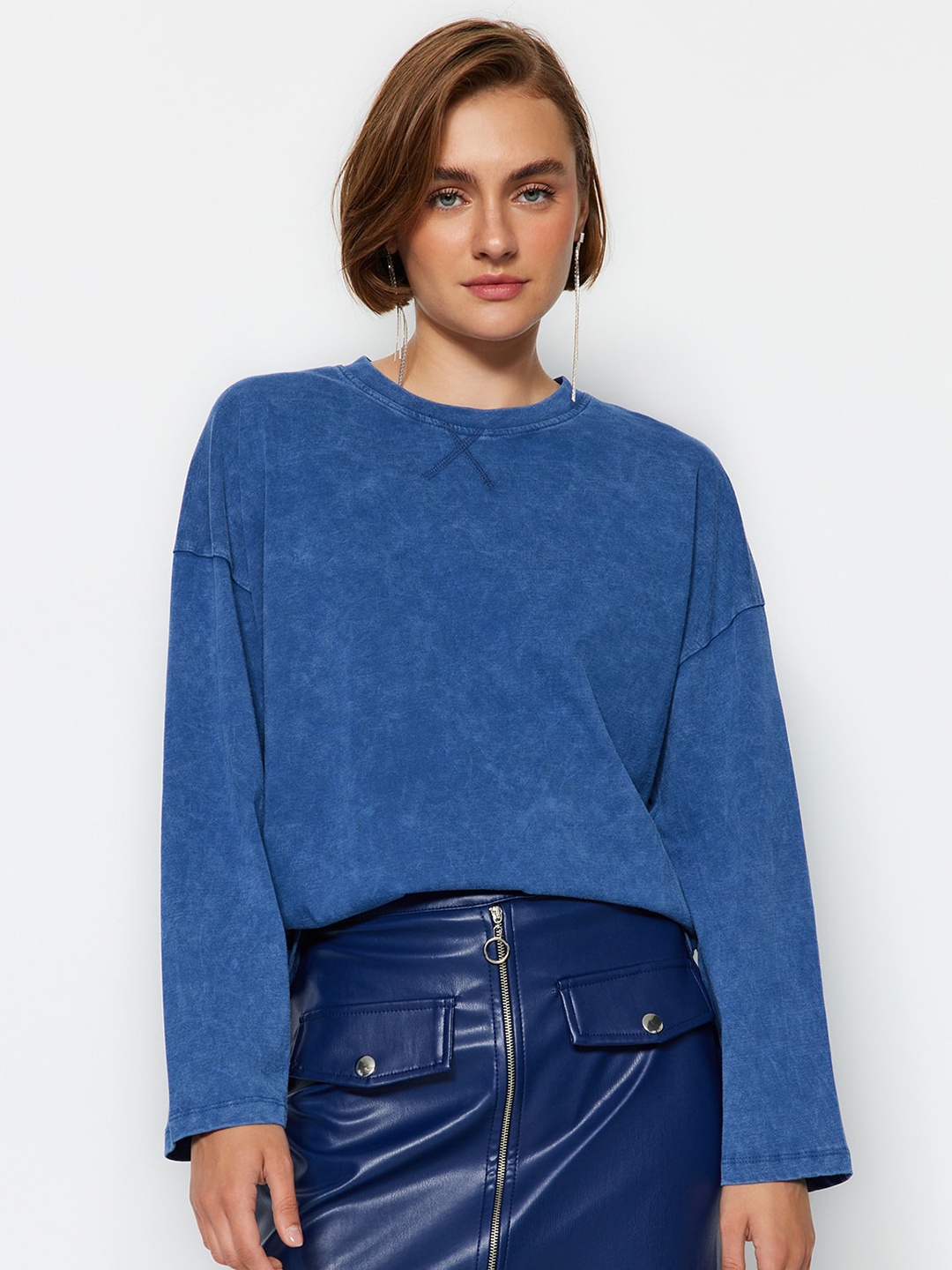 

Trendyol Drop-Shoulder Sleeved Pure Cotton T-shirt, Blue