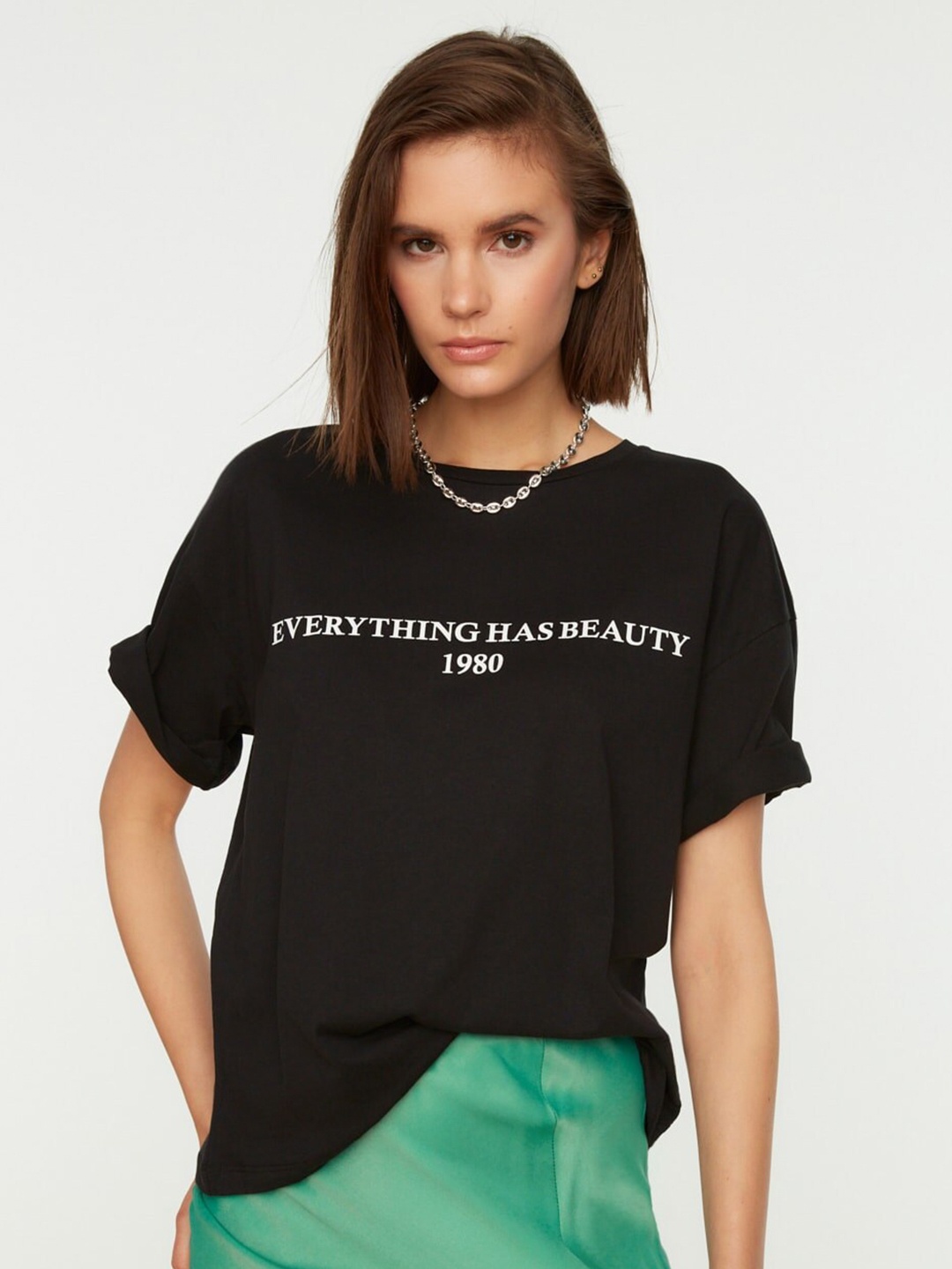 

Trendyol Typography Printed Pure Cotton T-shirt, Black