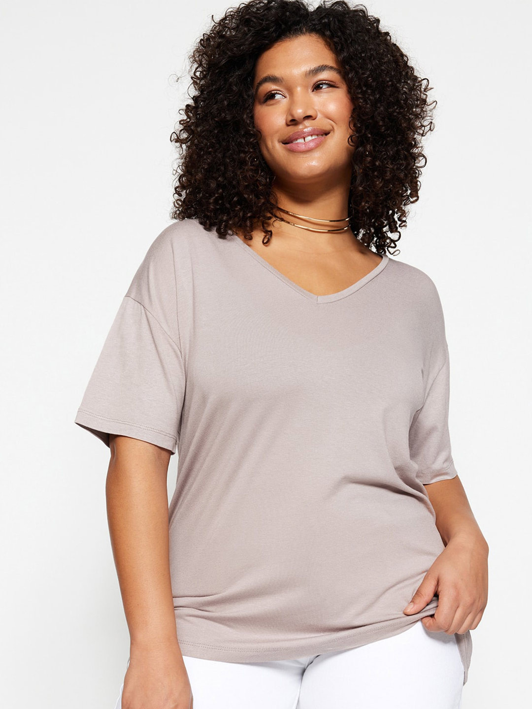 

Trendyol V-Neck Drop-Shoulder Sleeved T-shirt, Beige