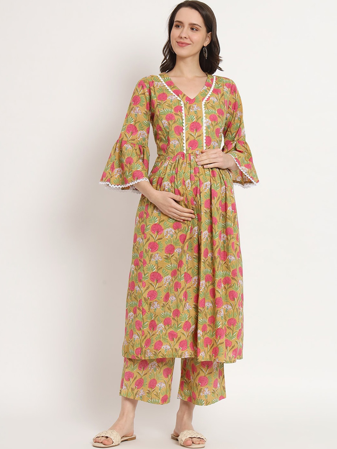 

Aujjessa Floral Printed Pure Cotton Maternity Anarkali Kurta With Palazzos, Mustard