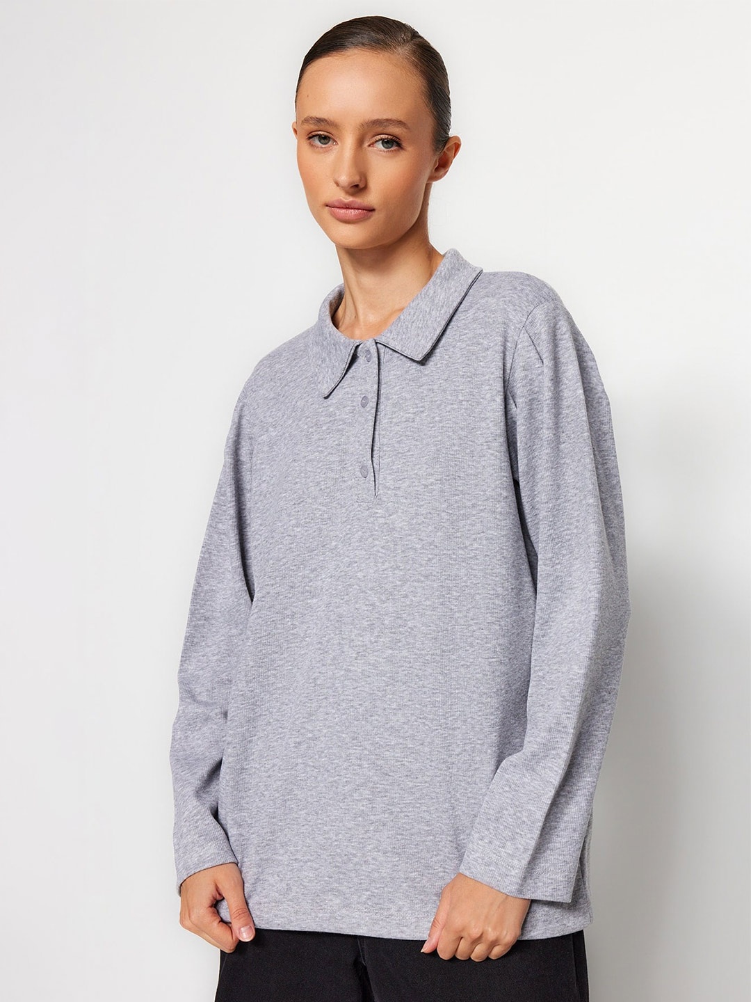 

Trendyol Polo Collar Pure Cotton T-shirt, Grey melange