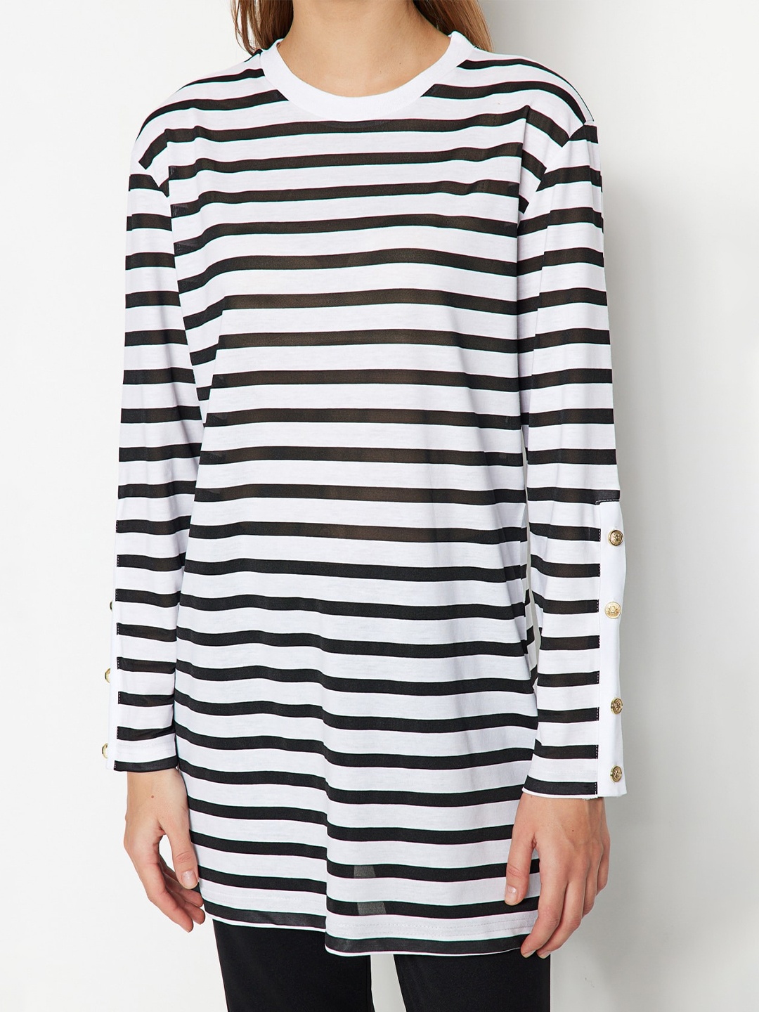 

Trendyol Striped Drop-Shoulder Cotton Longline T-Shirt, Black