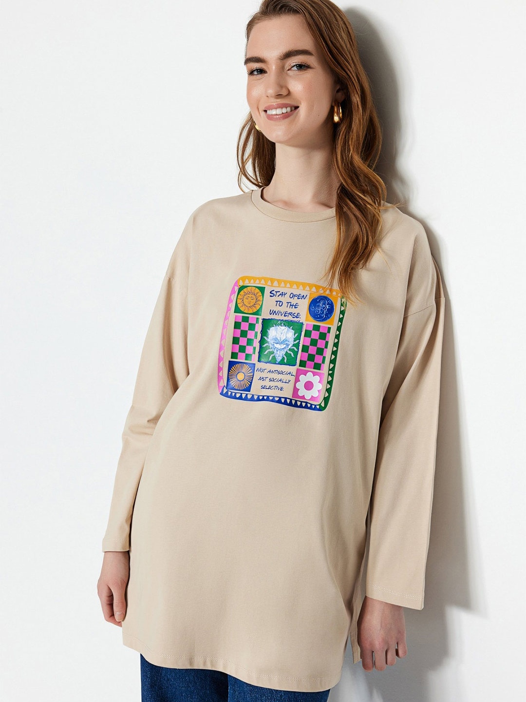 

Trendyol Graphic Printed Long Sleeves Longline T-Shirt, Beige