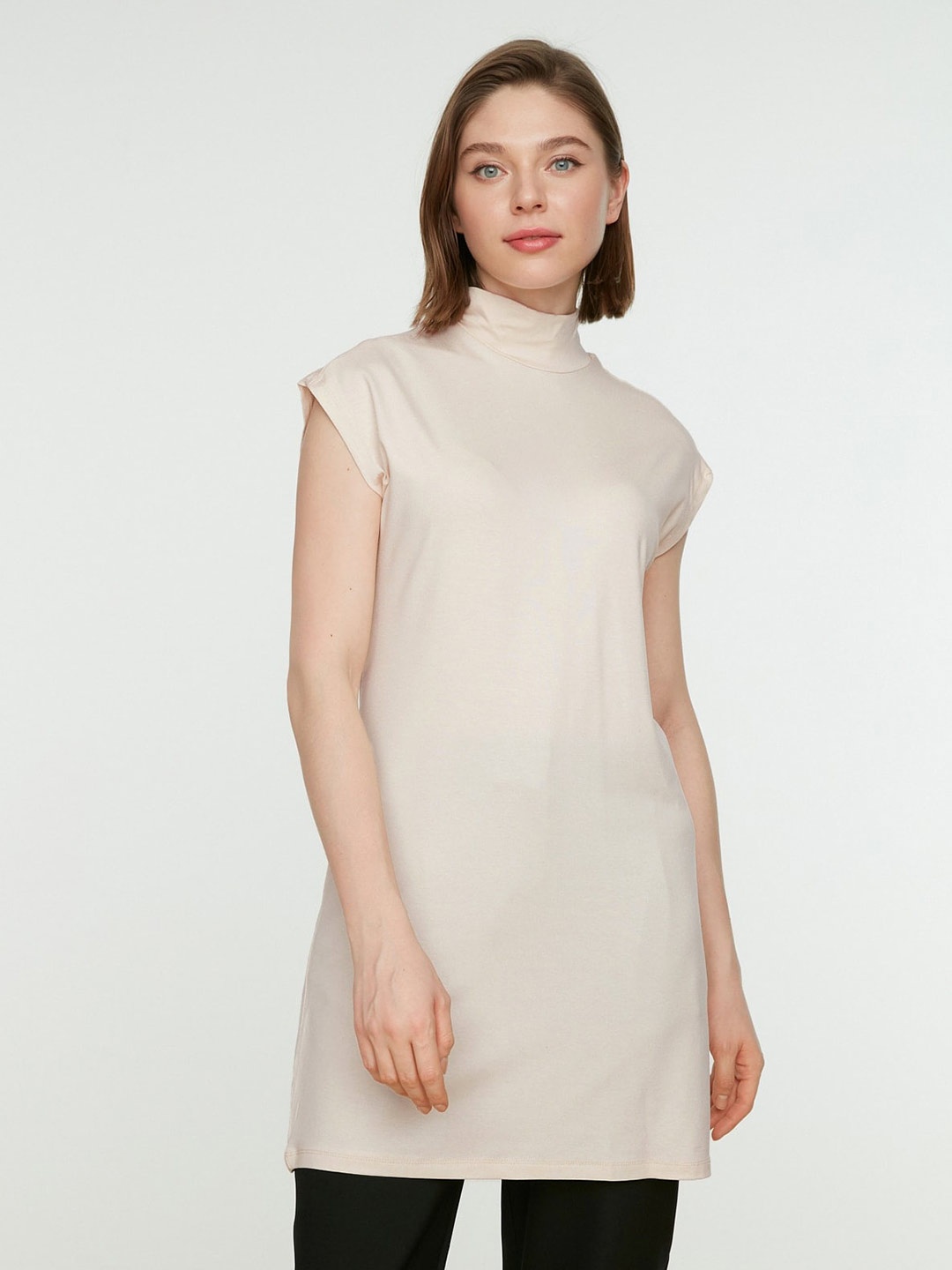 

Trendyol High Neck Extended Sleeves Longline Top, Beige