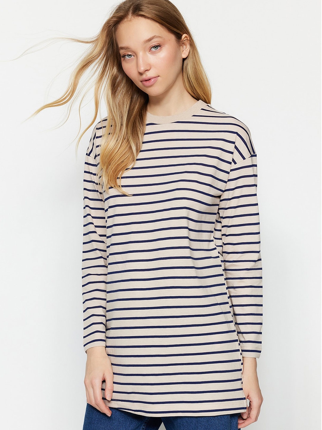 

Trendyol Striped Long Sleeves Longline T-Shirt, Cream