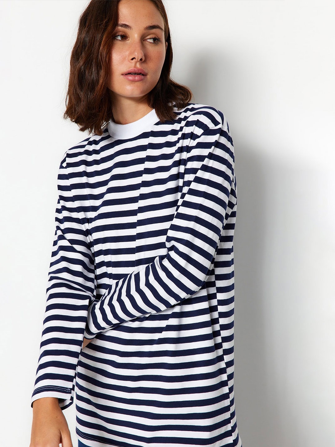 

Trendyol Striped Long Sleeves Longline Pure Cotton T-Shirt, Navy blue