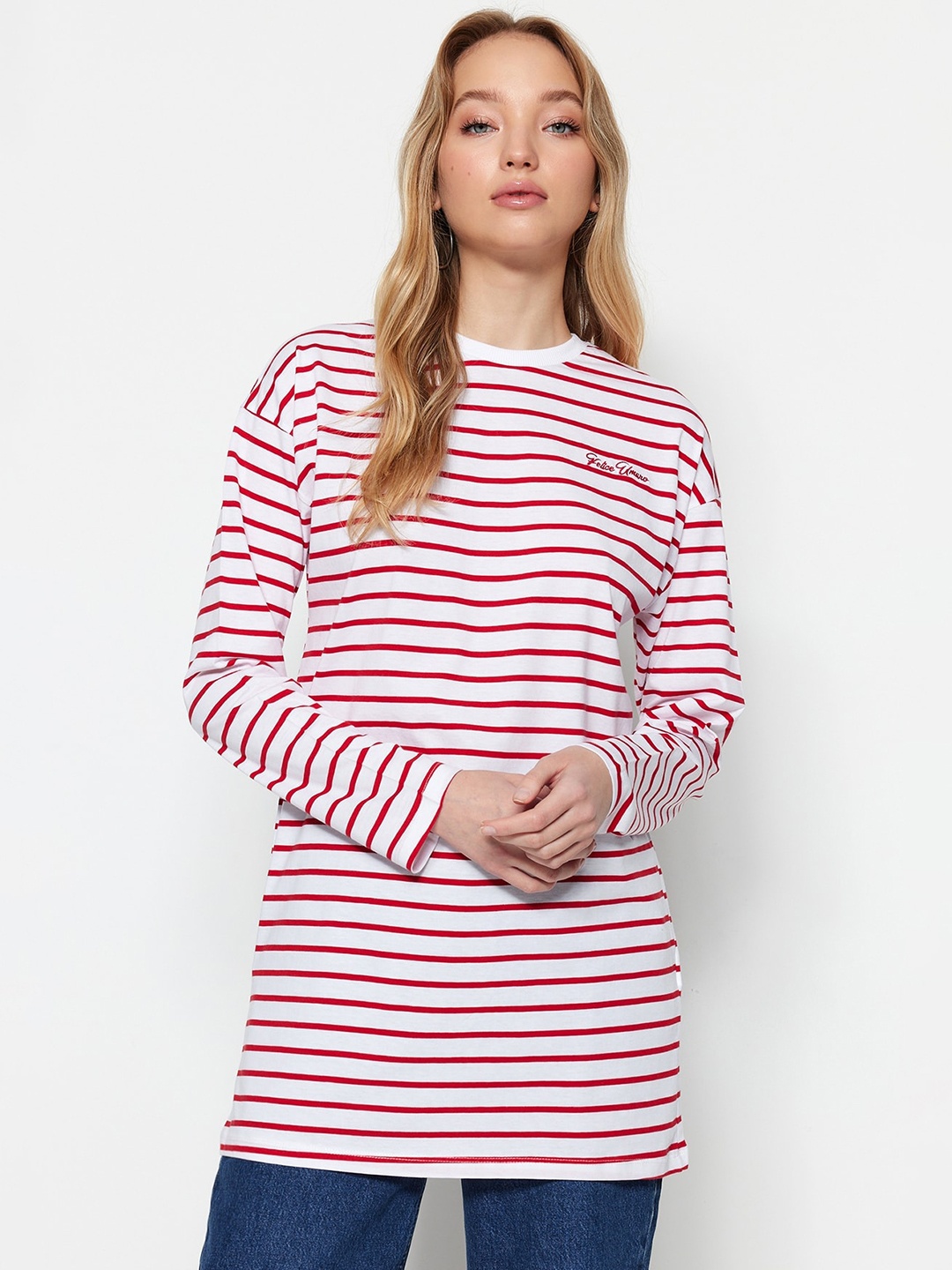 

Trendyol Striped Drop-Shoulder Sleeves Longline T-shirt, Red