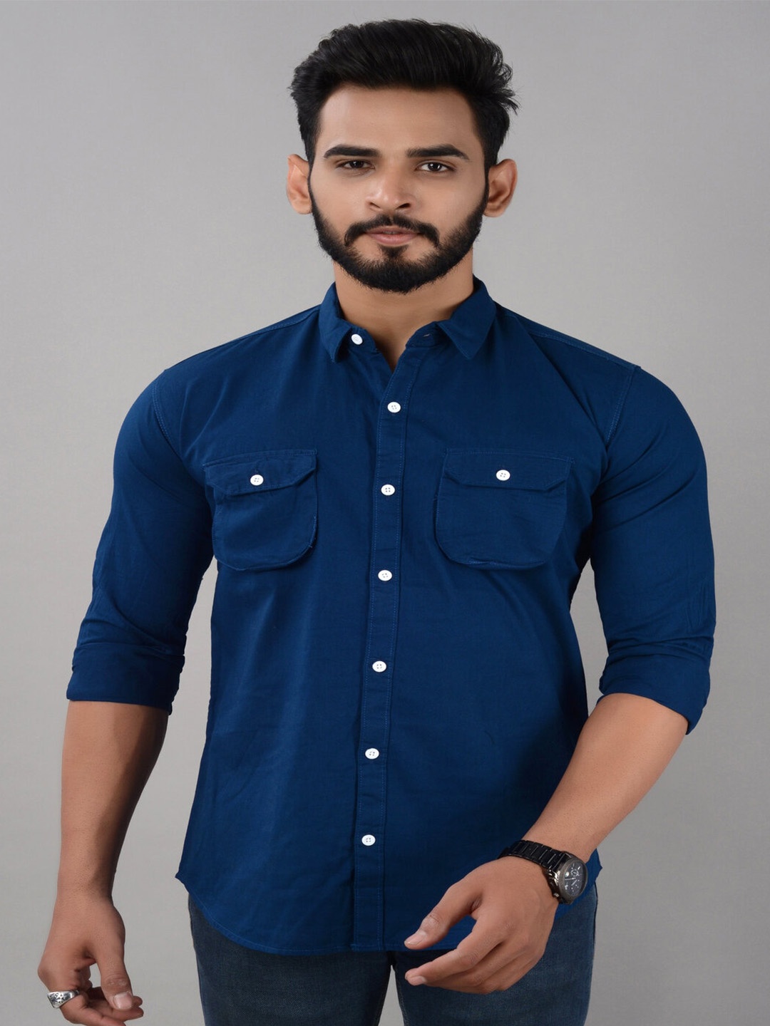 

VILLAIN Indian Slim Slim Fit Cotton Casual Cargo Shirt, Blue