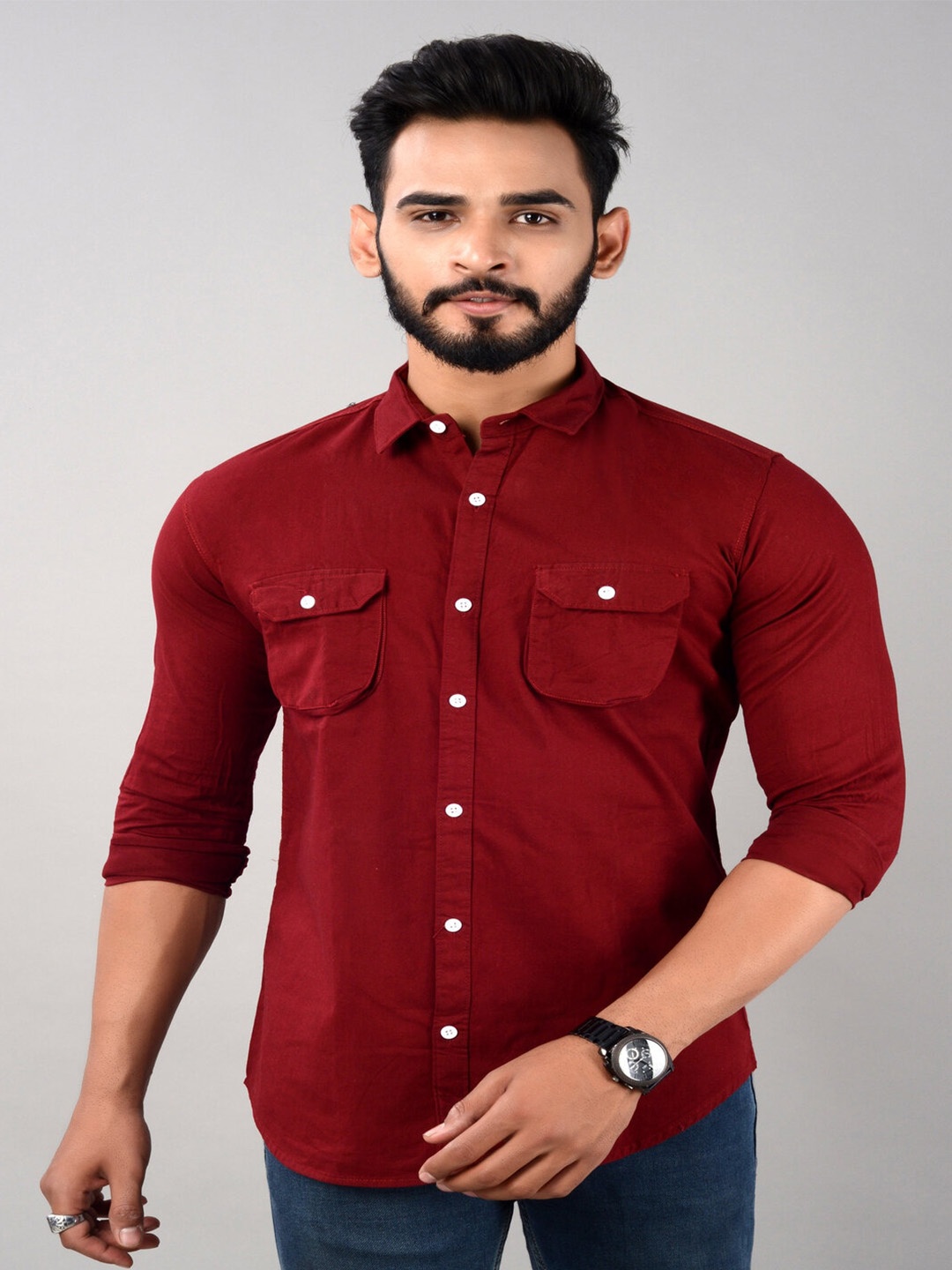 

VILLAIN Indian Slim Slim Fit Cotton Casual Cargo Shirt, Red