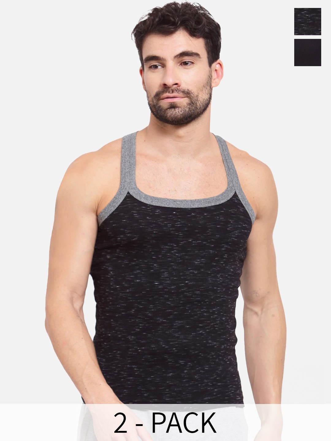

SPORTO Pack Of 2 Square Neck Sleeveless Cotton Gym Innerwear Vests, Black