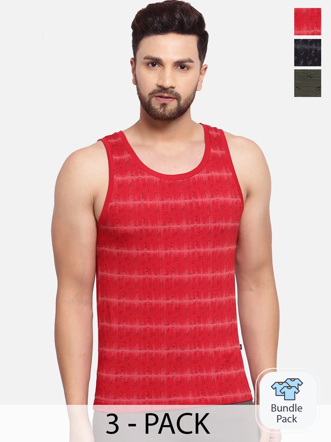 

SPORTO Pack Of 3 Printed Cotton Gym Vest, Red