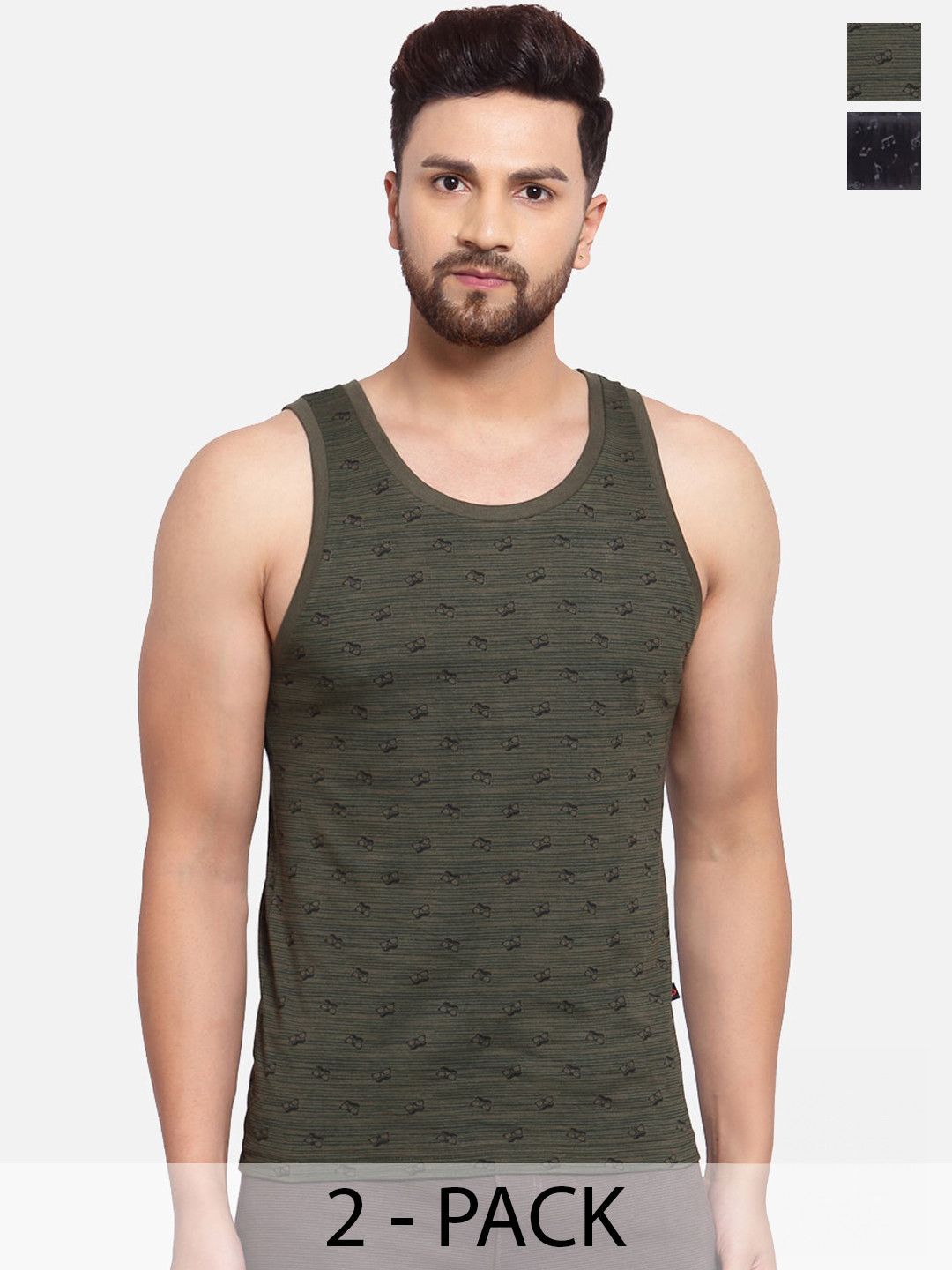 

SPORTO Pack Of 2 Printed Cotton Gym Innerwear Vests, Olive