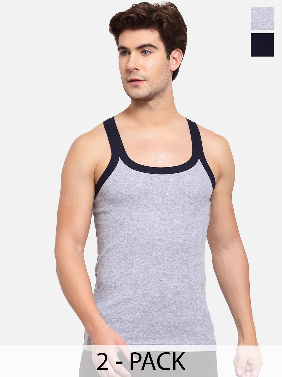 

SPORTO Pack Of 2 Square Neck Sleeveless Cotton Gym Innerwear Vests, Grey