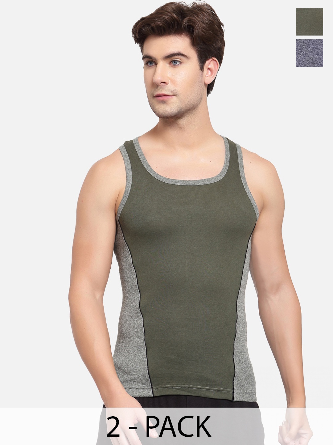 

SPORTO Pack Of 2 Square Neck Sleeveless Cotton Gym Innerwear Vests, Navy blue