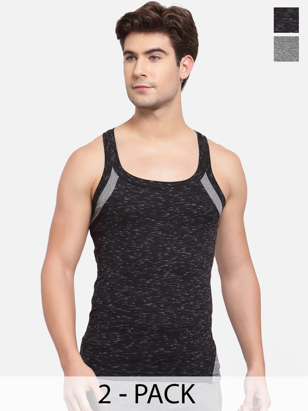 

SPORTO Pack Of 2 Square Neck Sleeveless Cotton Gym Innerwear Vests, Black
