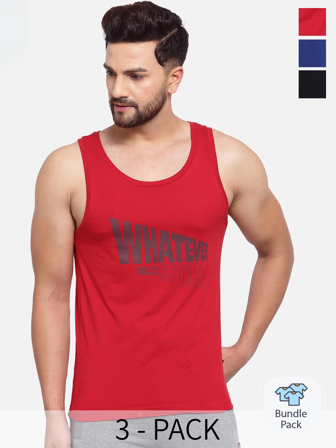 

SPORTO Pack Of 3 Printed Round Neck Sleeveless Cotton Gym Innerwear Vests, Red