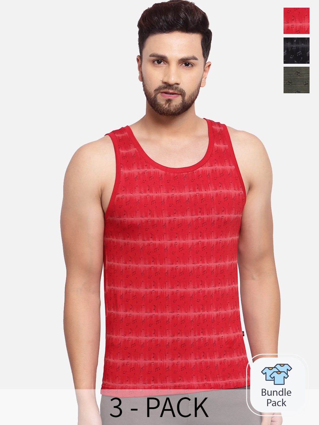 

SPORTO Pack Of 3 Printed Round Neck Sleeveless Cotton Gym Innerwear Vests, Red